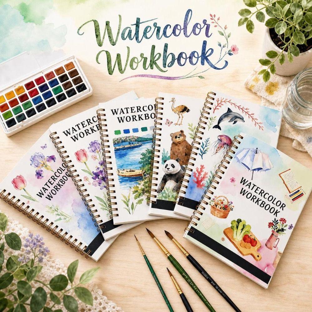 Spiral-Bound Watercolor Workbook Flower Scenery Animal Coloring Sketchbook Painting