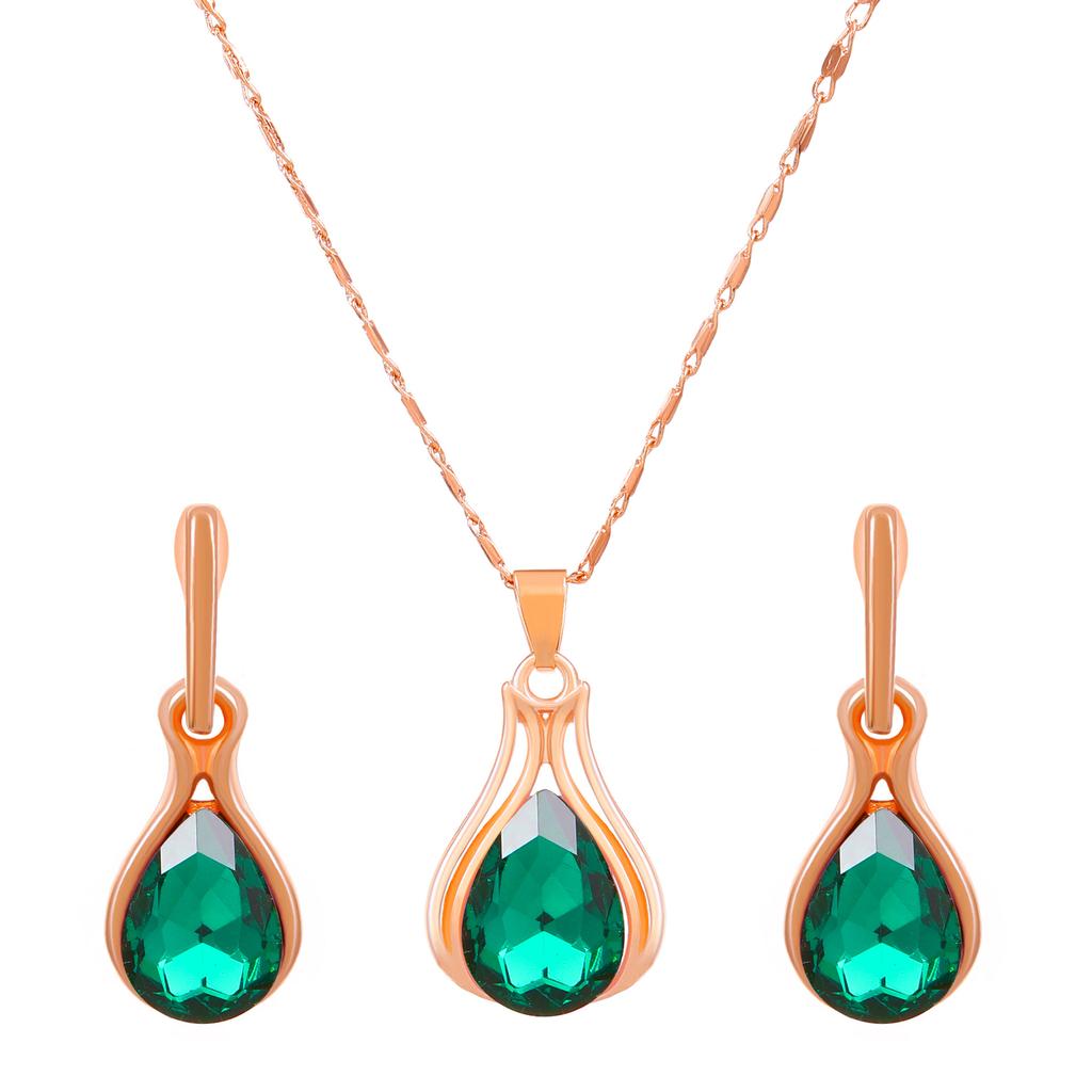 Hot Pendant Emerald Earrings Drop Necklace Jewelry Set Female Ins Wind, Europe and Colored Diamond Necklace Earrings Set,