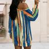 Women Plus Size Off Shoulder Long Sleeve Abstract Print Blue Pink White Tunic Dress