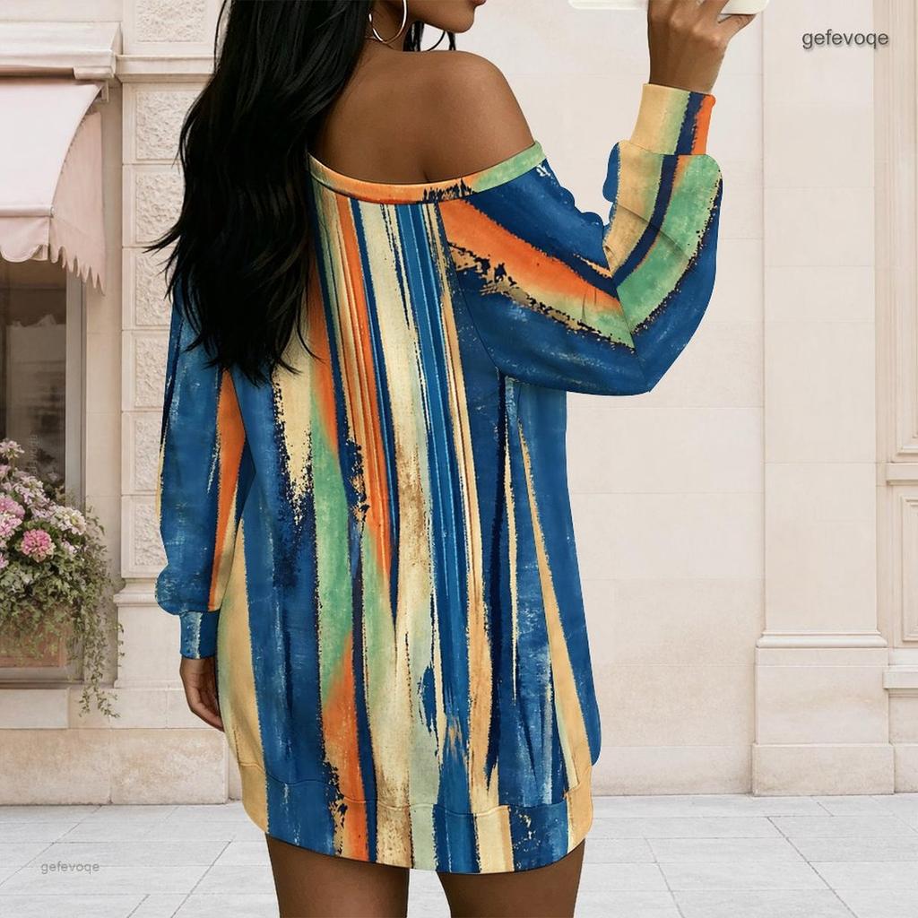Women Plus Size Off Shoulder Long Sleeve Abstract Print Blue Pink White Tunic Dress