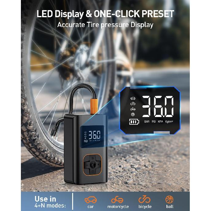 Tire Inflator Portable Air Compressor - 150 PSI Portable Air Pump for Car Tires, Cordless Electric Bike Tire Pump with Digital Pressure Gauge, LED