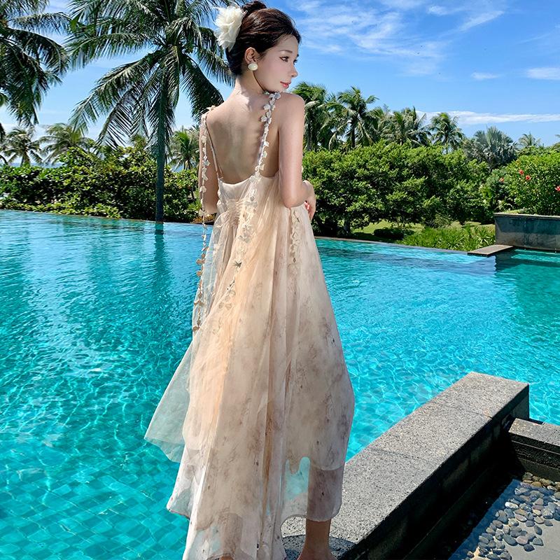 New Chinese-style Fake Two-piece Streamer Smudged Mesh Backless Suspender Dress Women's Morning Robe Vacation Style Seaside Long Skirt