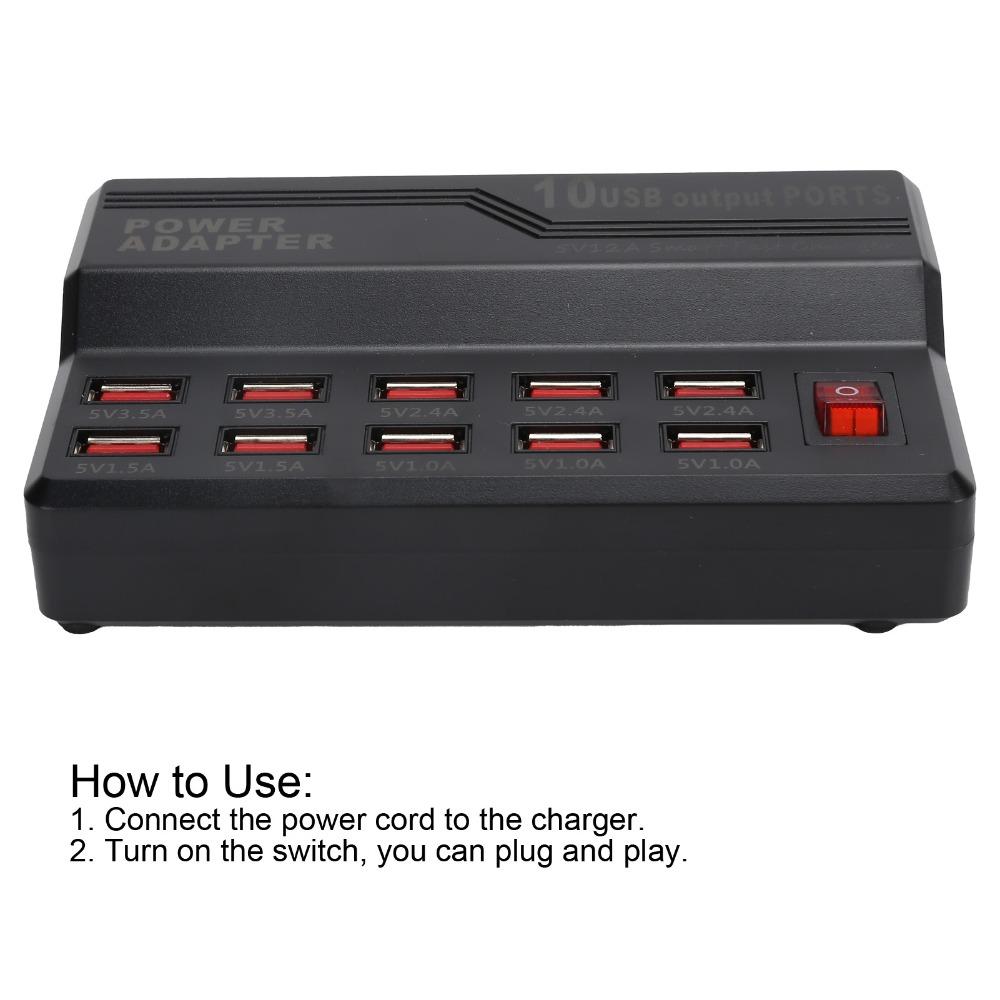 Universal 12A Power USB Smart Charger Fast Charging 10-Ports Multi Ports Charger 60W Power USB Charging Station Travel