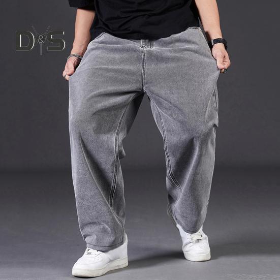 Men Jeans High Waist Solid Color Spliced Denim Pants with Pockets Straight Wide Leg Long Pants Daily Wear