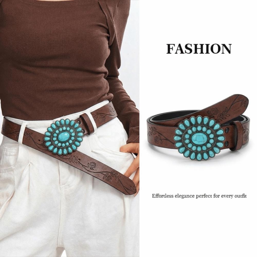Brown Embossed Waist Belt Oval Turquoise Buckle Dress Waistband  Niche Accessories