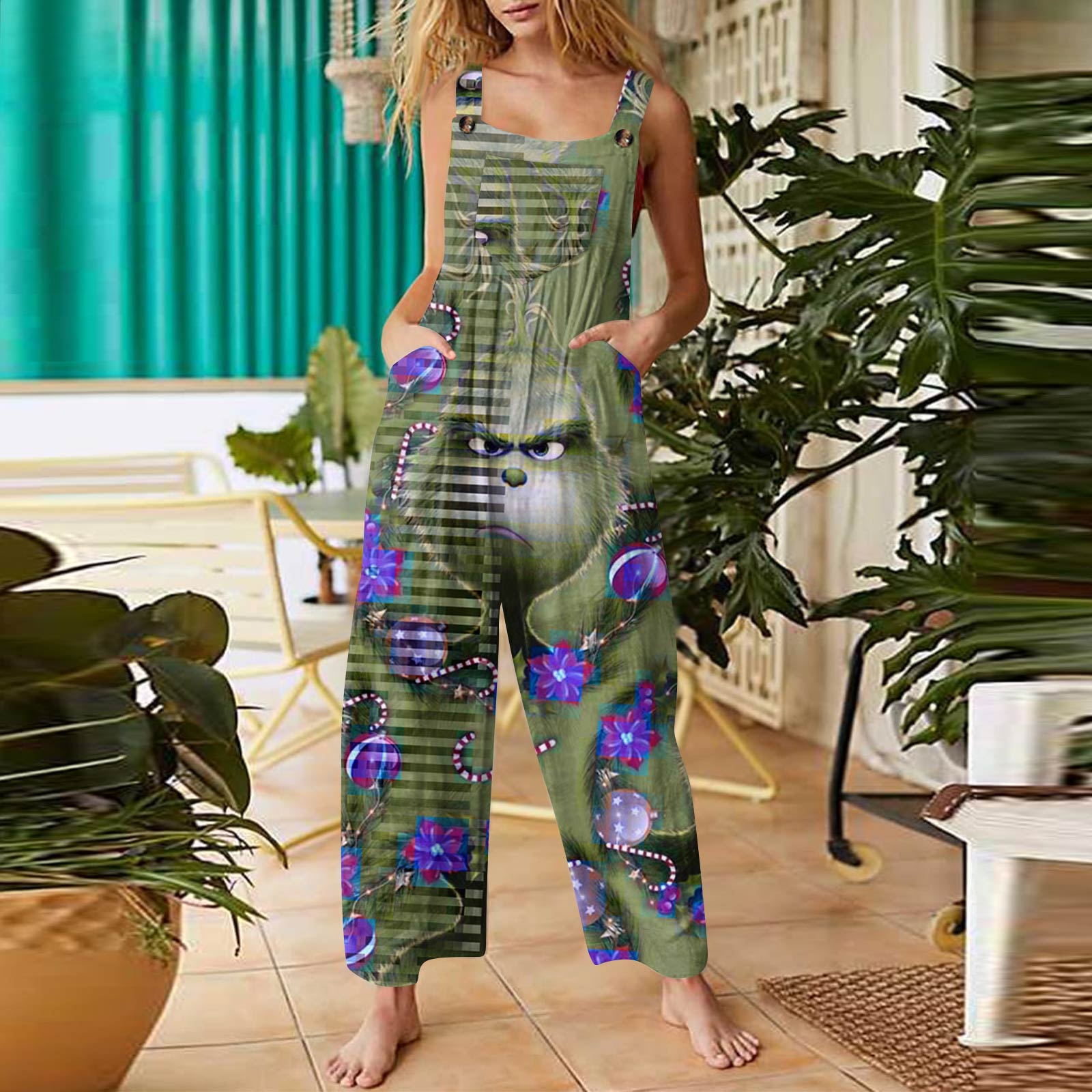 

Женский модный повседневный ретро комбинезон без рукавов на пуговицах с рождественским принтом L