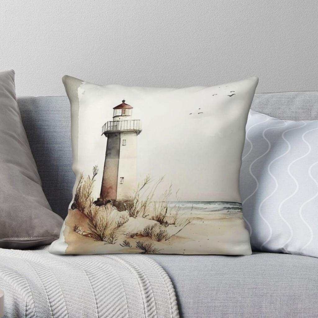 Lighthouse Ocean Beach Square Pillowcase Polyester Linen Velvet Pattern Zip Decor Pillow Case Home Cushion Case 18"