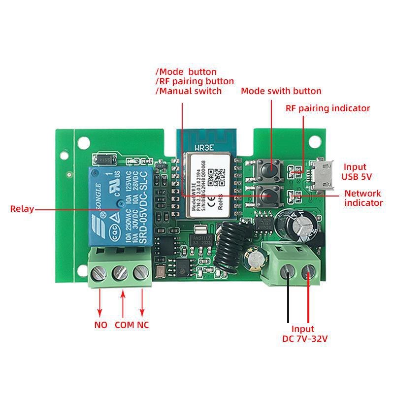 Tuya Single-Channel Smart WiFi Switch Module, 5V/12V, Inching & Self-Locking, Alexa Compatible