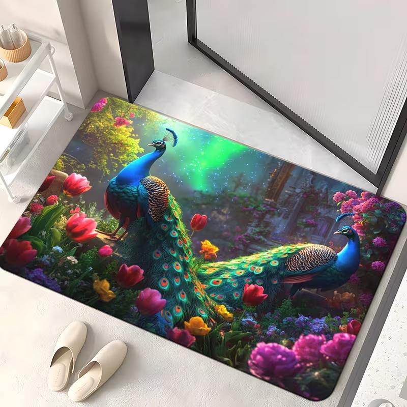 Winter Snow Peacock Print Doormat Non Slip Soft Floor Rug Elegant Snowflake Peacock Art Entrance Carpet For Entryway Living Room