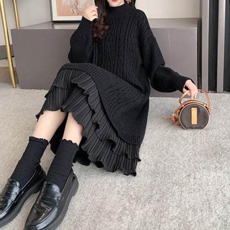 Hrubé vlněné šaty s fleecovou podšívkou: Zeštíhlující, Volný střih, Podzimní/Zimní styl, Perfektní ke kabátům, Pletený krajkový design.