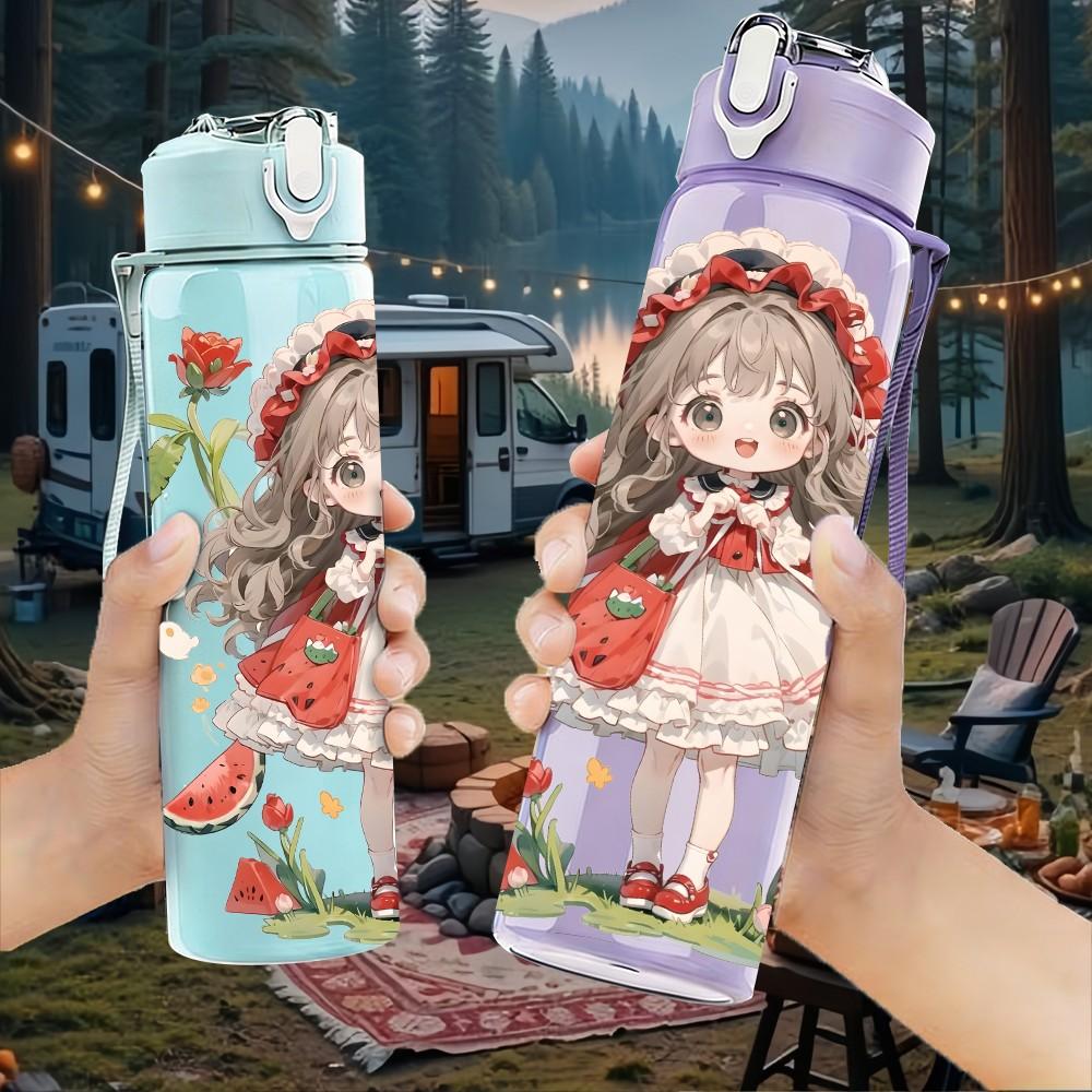 1PC Red White Dress Girl Rose Flower Pattern 750ml Color Plastic Sports Water Bottle Leakproof Flip Straw Lid Suitable for Sports Office Home Use