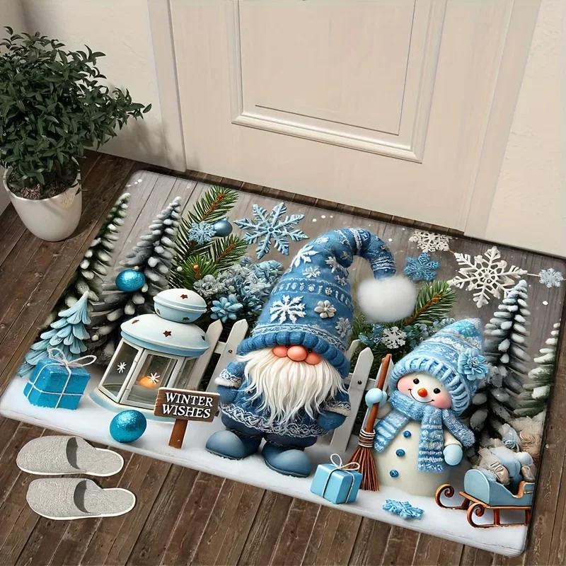 Christmas Gnome Blue Decorative Rug Living Room, Bedroom & Entrance Door Mat Non-Slip, Stain-Resistant Home Decor Rug