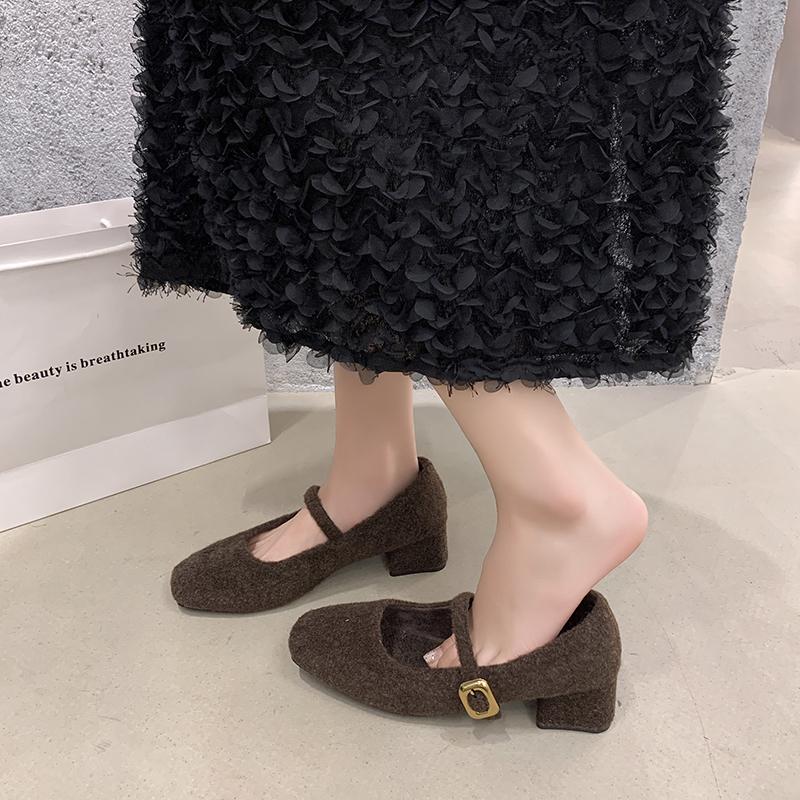 Designer Square Toe Woman Mary Jane Shoes Elegant Thick Heel Dress Shoes Outdoor Comfortable Fleece Lined Ladies Pumps Shoes