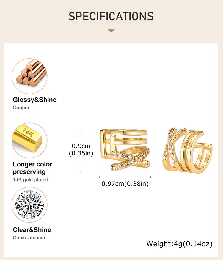 Ear Cuff Multi-Layer Cross CZ Clip Earrings for Women, 18K Gold Plated Brass Non-Pierced Cartilage, Fake Piercing Jewelry