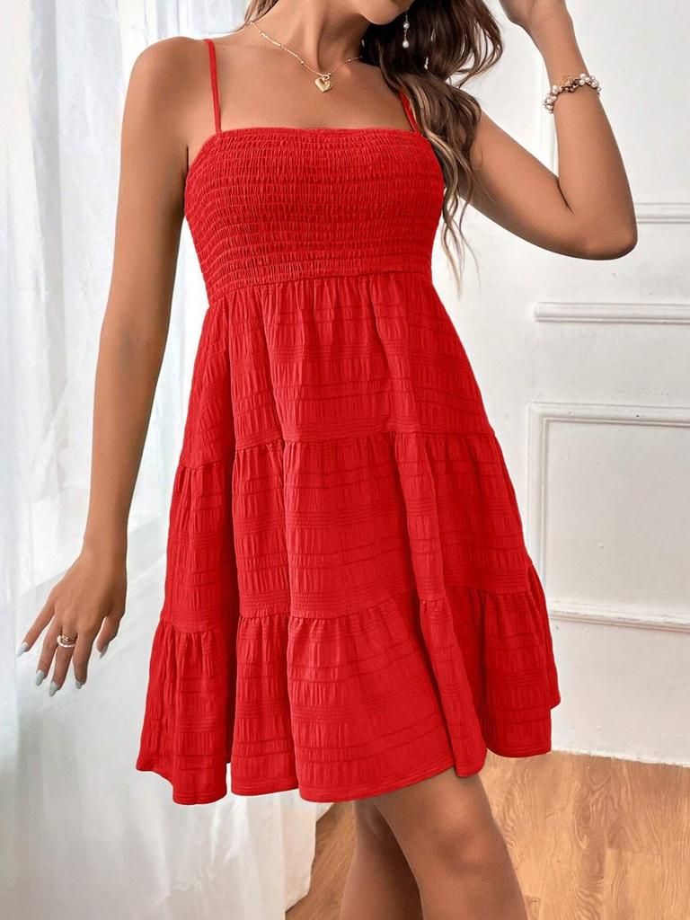 Women's Summer New One-Shoulder Strappy Mini Dress Solid Texture Ruffle Dress