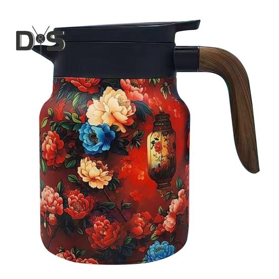 

Вінтажний чайник із квітковим візерунком із вбудованим фільтром V-подібний носик Вода під тиском Заварка для чаю Чайник 1000 мл Ізольований чайник із нержавіючої сталі для Wooden handle