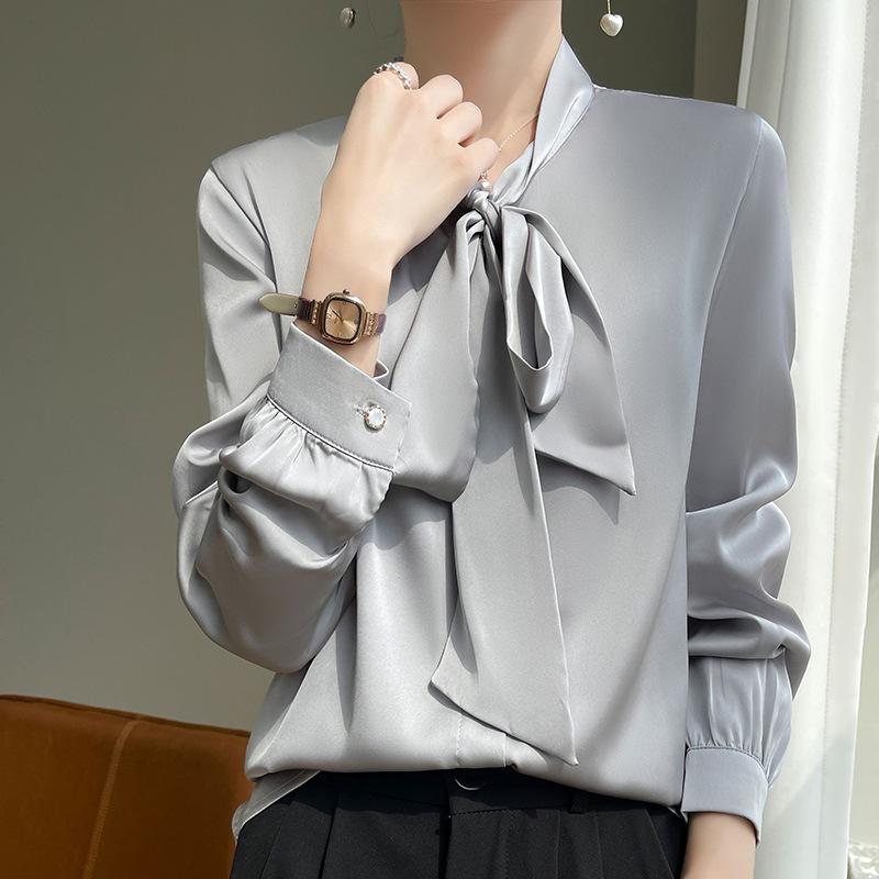 

Ацетатный атласный топ с бантом-стримером на шее для женщин на лето, новый драпированный шелковистый корейский стиль, с длинным рукавом, базовая рубашка XXL