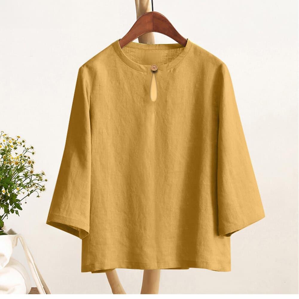 Vintage Casual Blouse, For Women, Elastic Hemp, Floral Print, Round Neck, Three-Quarter Sleeves, Elegant Loose Top