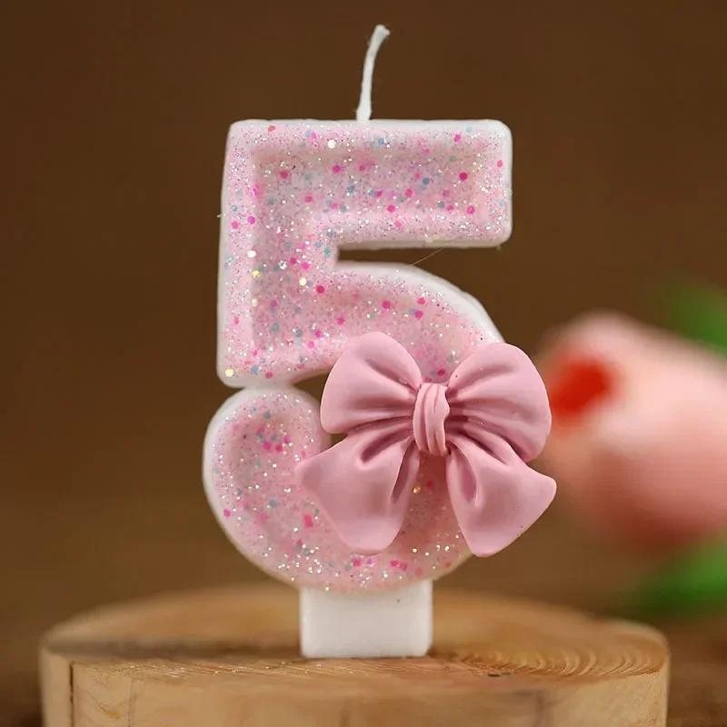 1PCS Cute Sequin Pink Big Number Bowknot Candle 3D Design Cake Topper Decoration Girls Birthday Cake Candles Dessert Ornament