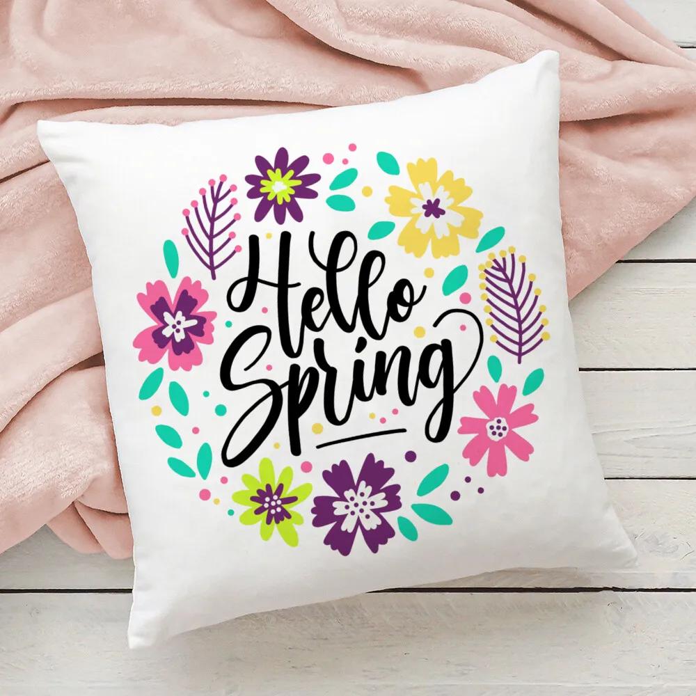 

Bedroom Party Decoration Day Kids Birthday Gift Hello Spring Lettering White Square Pillowcase with Flowers 40x40cm