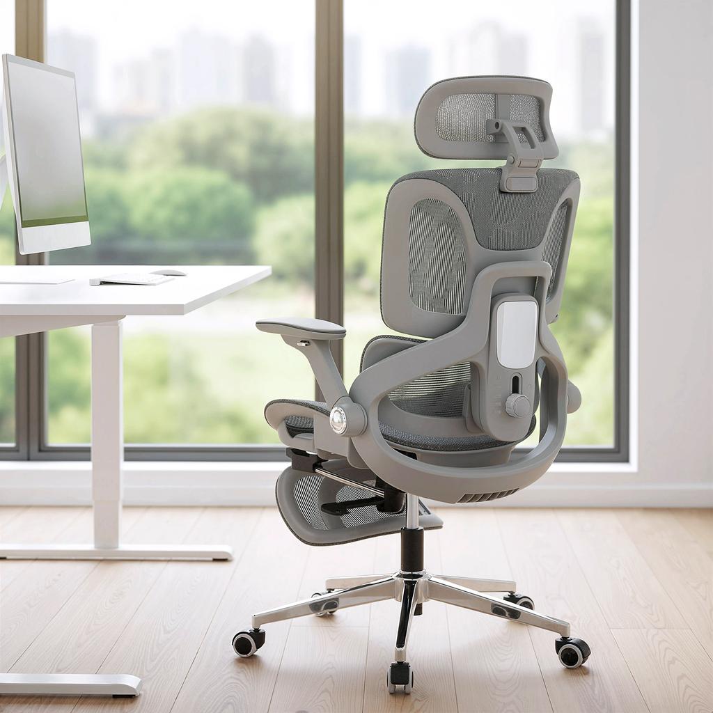 Office Chair, Ergonomic, 4D Armrests, Adjustable Headrest and Seat Depth, Grey Mesh