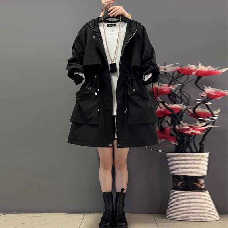 Extra Fat Waist Fat Sister Slim Looking Versatile Trench Coat Coat Black 3XL