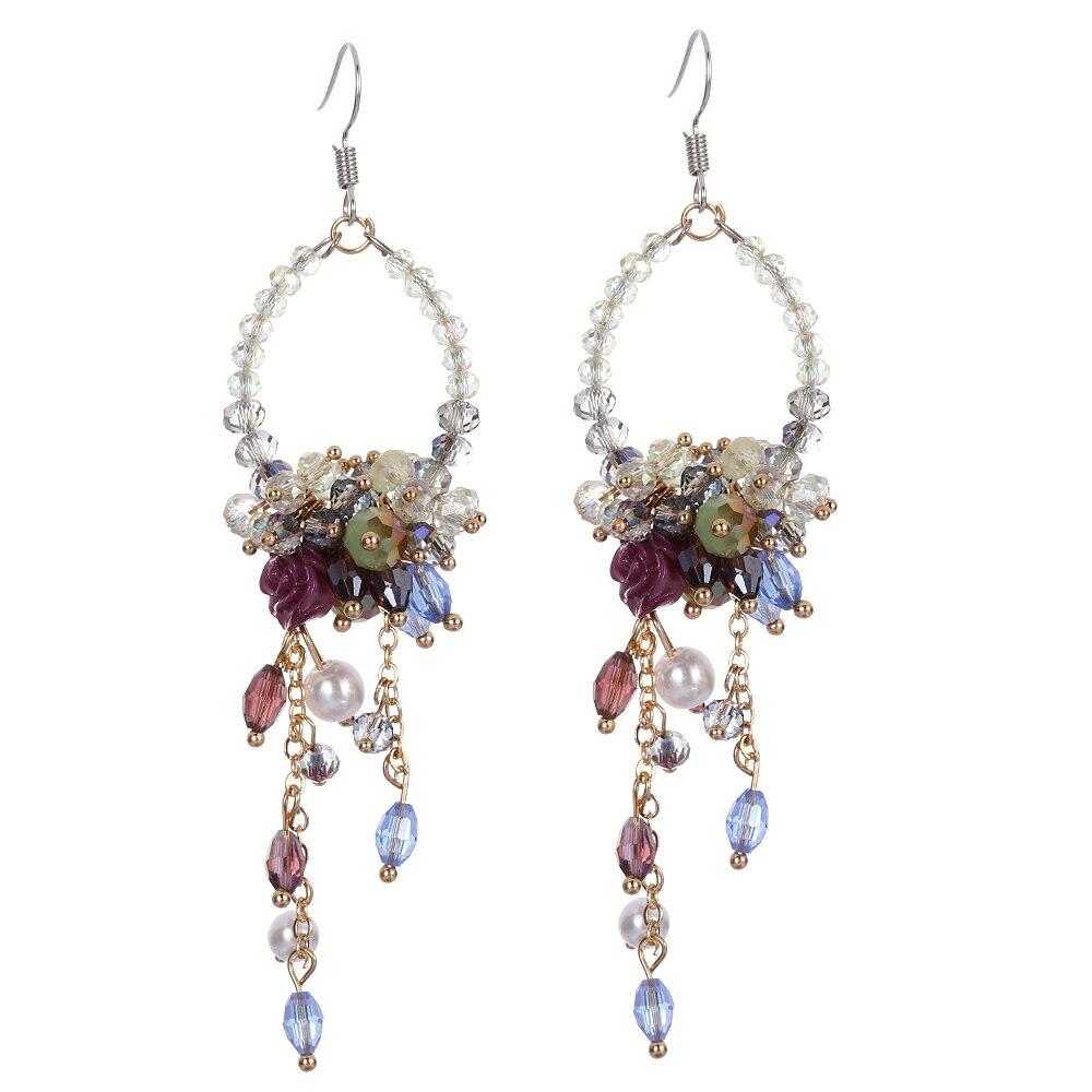 New Fashion 1 Pair Statement Flower Crystal Bead Tassel Fringed Earrings For Women Rhinestone Long Chain Crystal Drop Earrings