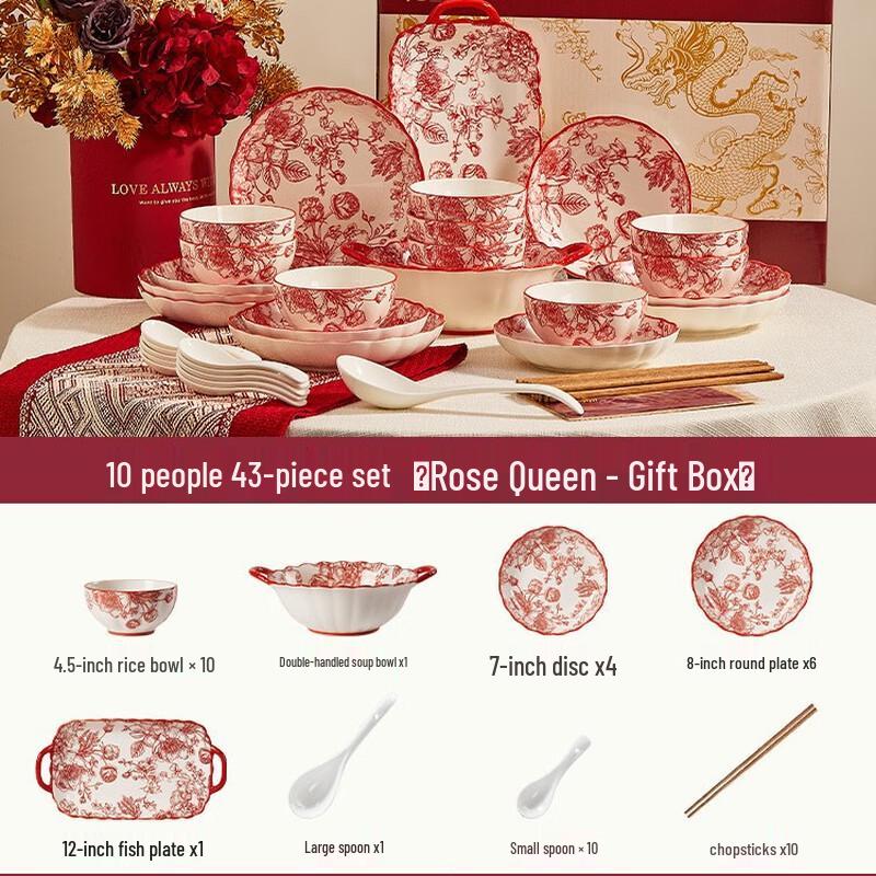 

Rose Queen Ceramic Dinnerware Gift Set 10 Person, 43-Piece Gift Set