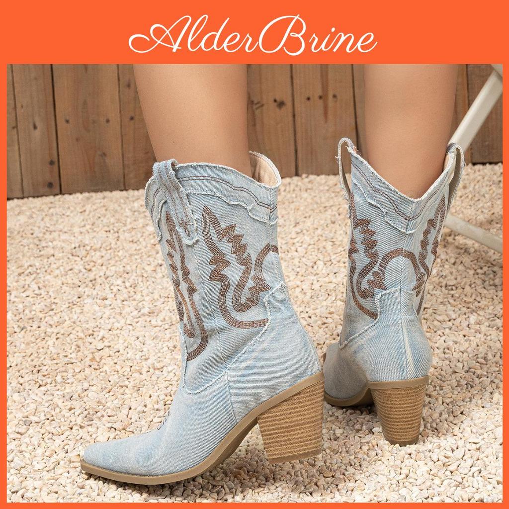 Embroidered Pointedtoe Womens Fashion Vintage Chunkyheel Boots Plus Size Spring Autumn Midcalf Cowboy Boots