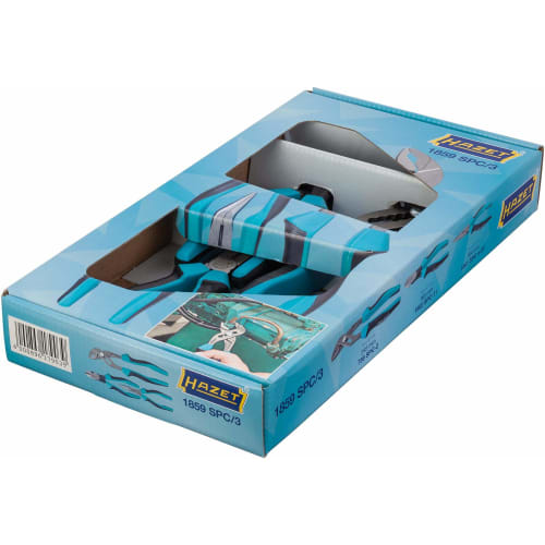 HAZET 1859SPC/3 3-Piece Pliers Set: Includes Nippers, Needle-Nose Pliers, Crimping Tool, Electrician's Pliers, Wiring Tools, and Wire Stripper. Chrome