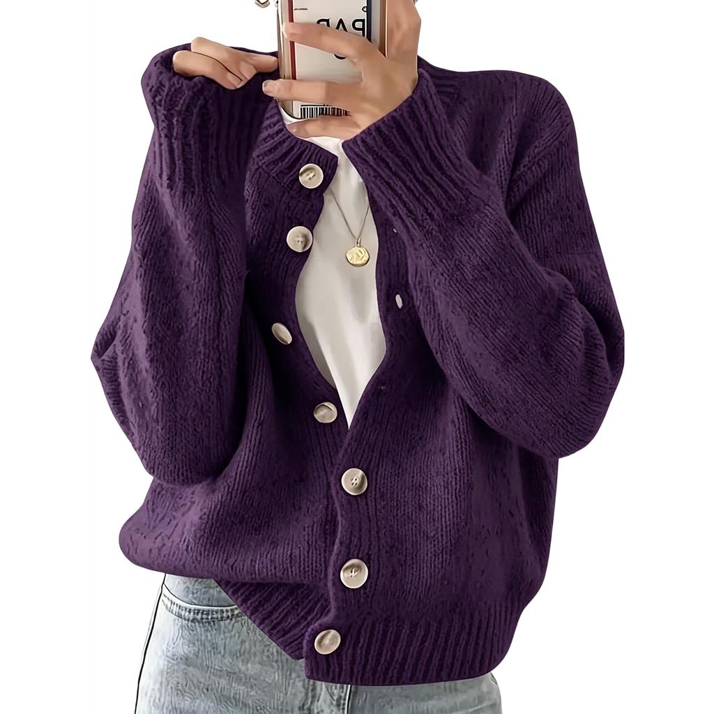 Women's Long Sleeve Button Front Round Neck Knit Cardigan for Casual Everyday Wear