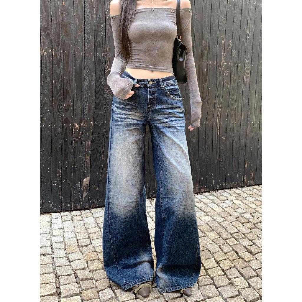 Retro Blue High-Waisted Wide-Leg Jeans for Women – Autumn/Winter 2025 Collection, Floor-Length and Slimming Design
