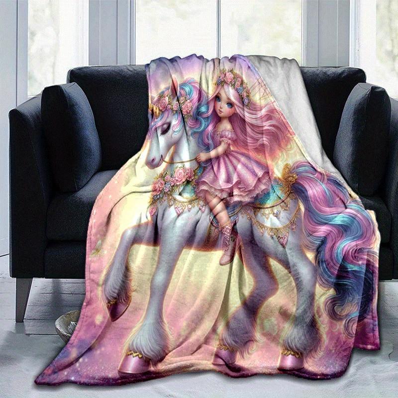 1pc Unicorn Printing Lightweight Flannel Blanket, Comfortable and Warm Blanket, for Camping Sofa Bed and Couch Office, in All Seasons