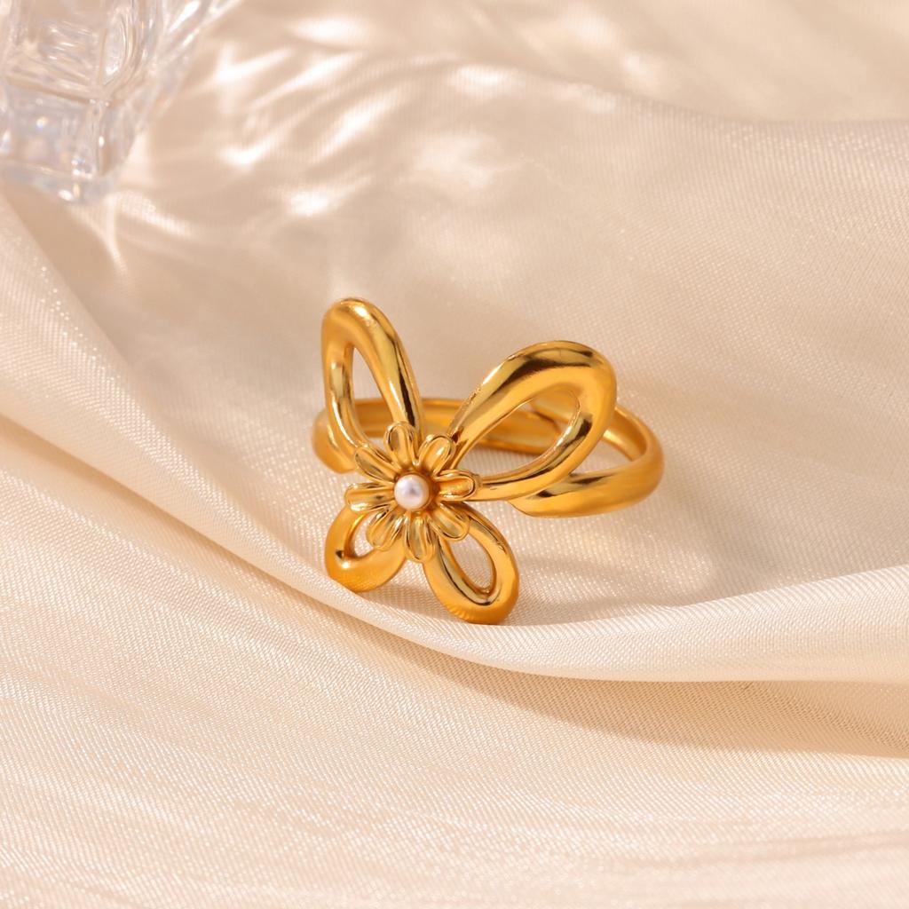Elegant Pearl Flower Butterfly Rings For Women Stainless Steel Gold Color Wedding Ring Feamle Jewelry Accessories gifts
