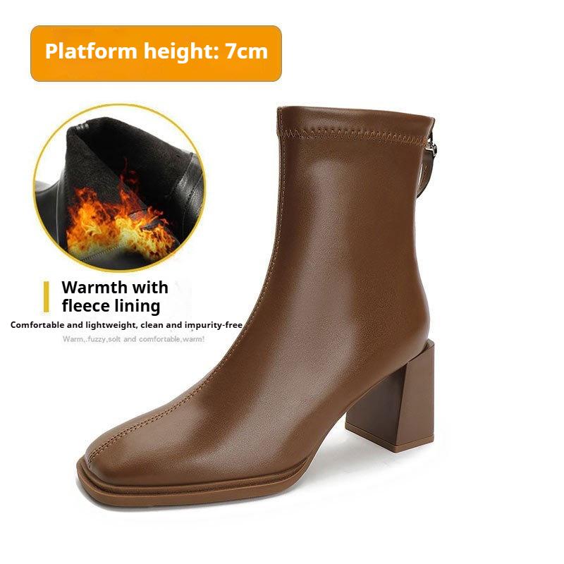 Γυναικείες Γαλλικές Μποτάκια Αστραγάλου με Ψηλό Τακούνι Μπότες Μόδας με Χοντρό Τακούνι Μαλακό Δέρμα Ανοιξιάτικες και Φθινοπωρινές Μονές Μπότες Μπότες με Τετράγωνη Μύτη