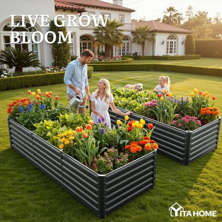 8x4x2ft Large Raised Garden Bed Kit In Black Galvanized Metal with Gloves Ground Nails Support Rod Safety Rubber for Outdoor Pl