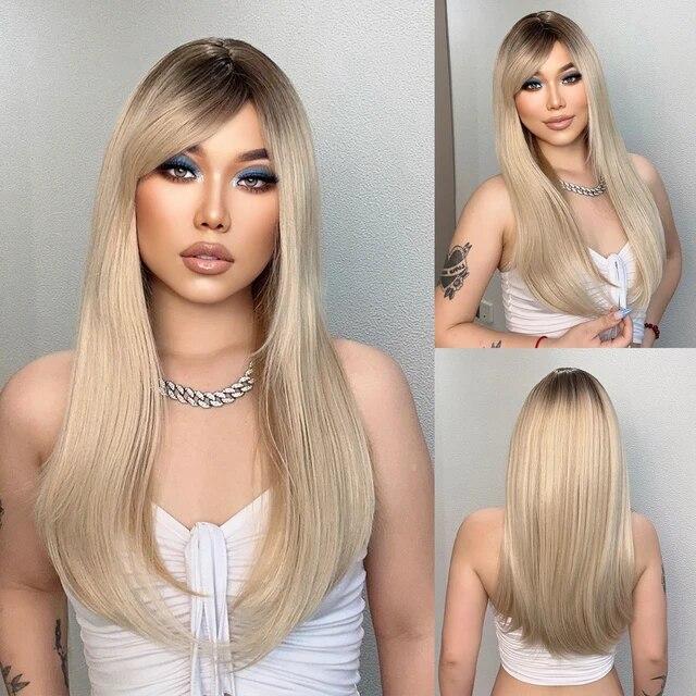 Pelucas Sintéticas Negras Rosadas para Cosplay Pelucas Largas Lisas a Capas con Flequillo para Mujeres Cabello Resistente al Calor