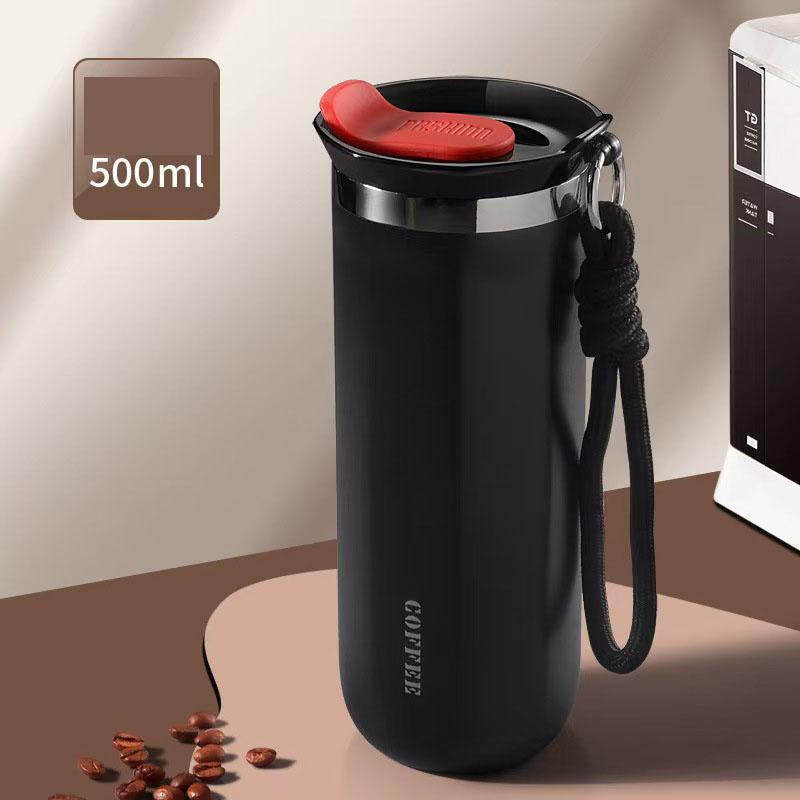 Double-Layer Vacuum-Insulated Coffee Mug with Pull-Up Handle 304 Stainless Steel Thermos Outdoor Portable Sports Water Bottle Solid Color Water Cup