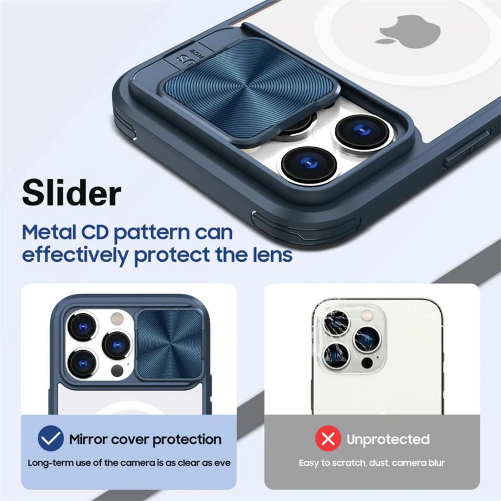 Slide Camera Lens Protector Armor Case For iPhone 15 13 14 Plus 11 12 Pro Max For Magsafe Shockproof Armor Bumpers Clear Cover