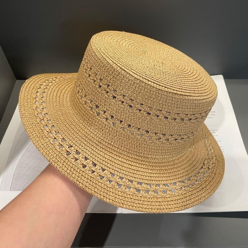 

Cute Handwoven Straw Hat Hollow Out Flat Top Fisherman Hat Breathable Panama Hat for Beach Vacation