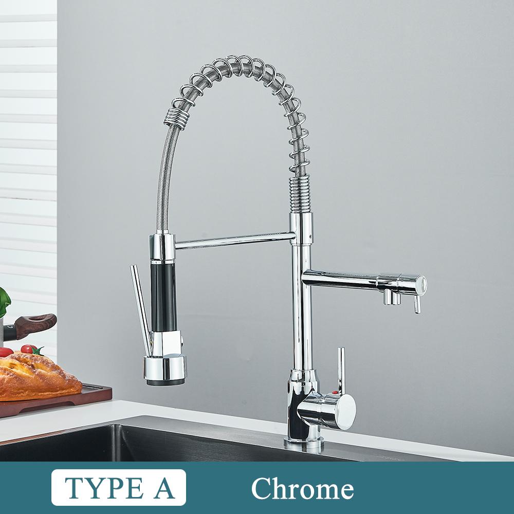 Black/Silver Kitchen Faucet with Pull-Down Sprayer, Deck Mount Hot and Cold Water Mixer Faucet, Dual Spout Faucet, Crane