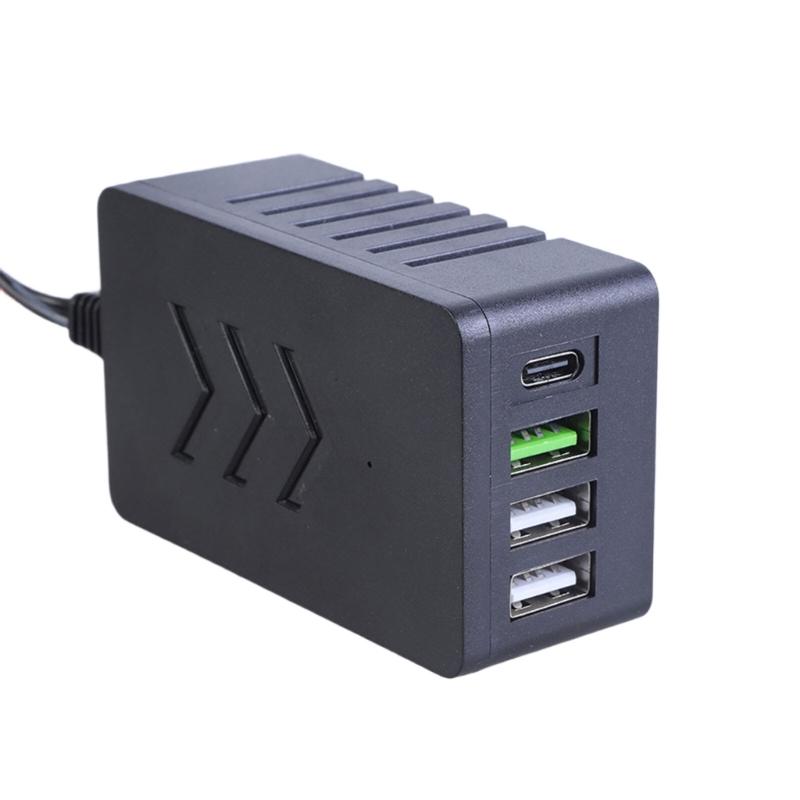 DC8V-35V Battery Clamp to 5V 3xUSB+1xType C Output Charger Adapter 4-Port Fast Charging for Phones Tablets Black