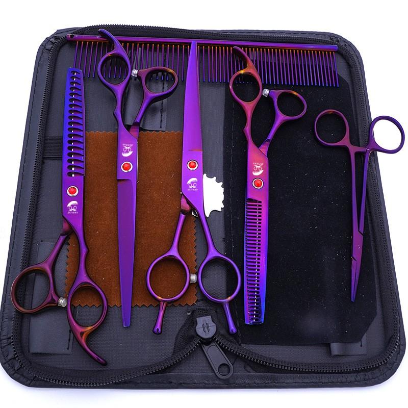 Set di forbici professionali per toelettatura animali domestici da 7 pollici in acciaio inossidabile per cani, incluse forbici dritte, curve, a lisca di pesce e tagliacapelli per orecchie