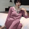 Women’s Korean Style Ice Silk Pajama Set Long Sleeve Top and Pants Spring Summer Autumn Lightweight Loungewear