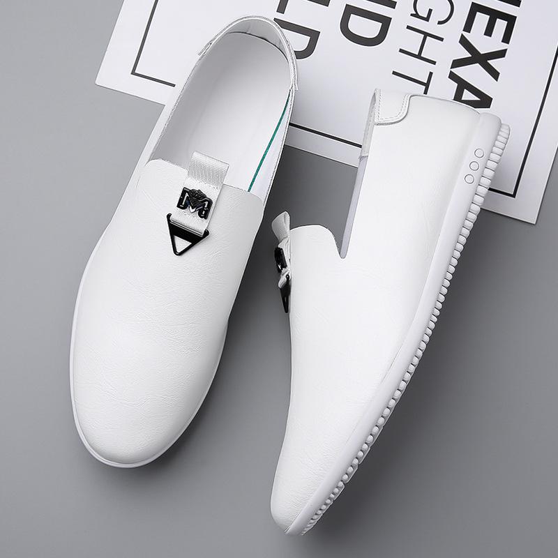 Summer Leather Shoes Overalls Men's Shoes Soft Soles Men's Business Casual Shoes One Pedal Hundred Towers Wear-resistant Bean Shoes White Shoes