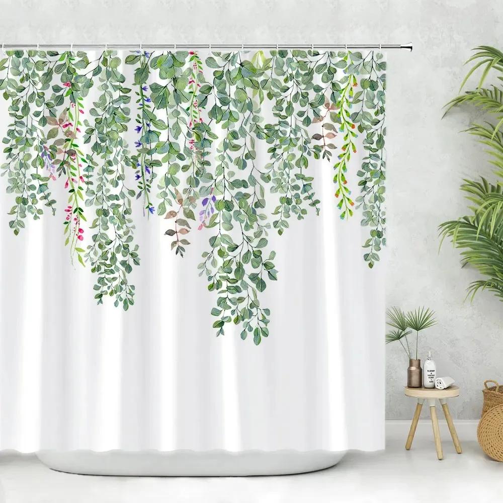 Beautiful Spring Greenery Floral Shower Curtain Eucalyptus Leaves Tropical Leaves Polyester Washable Buth Curtain Bathroom Decor