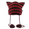 Crochet Stripe Pattern Cat Ear Hat with Pom Pom Winter Knitted Hat Winter Christmas Presents for Students Teenagers