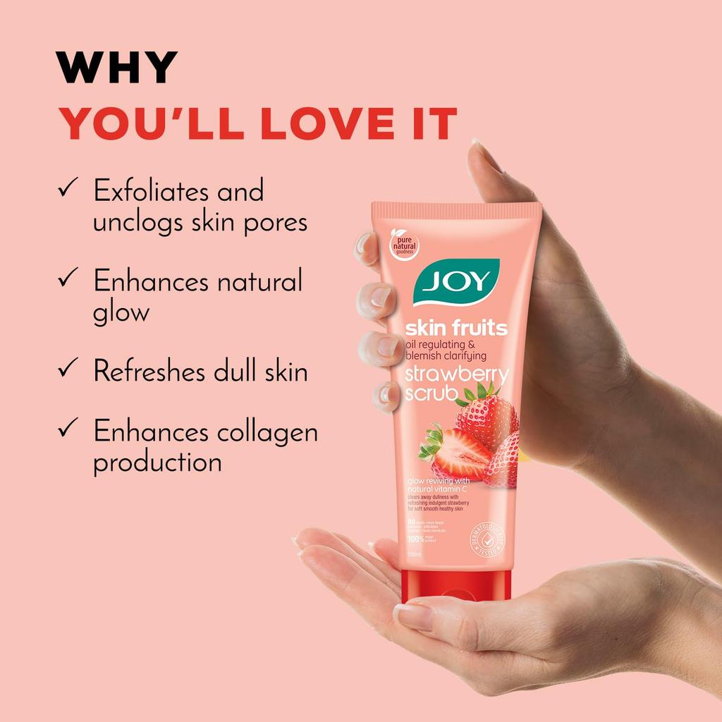 Joy Strawberry Face & Body Scrub 200gm Pack of 1 | Exfoliating Scrub for Blackhead Removal & Oil Control, Brightening, Vegan