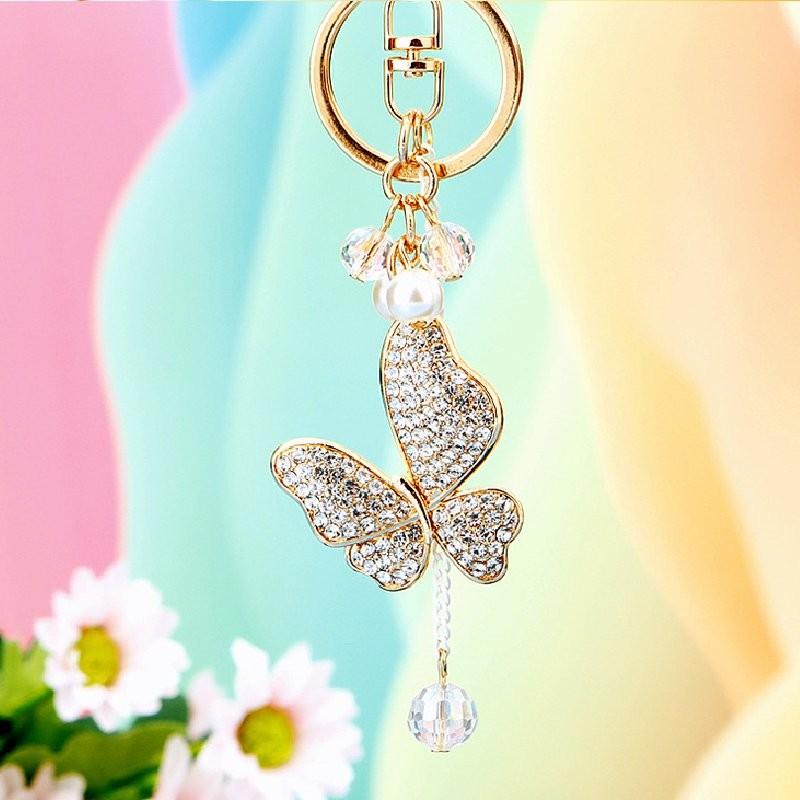 Cute Pearl Adorned Keychain With Vibrant Butterfly Design Ideal For Gift Giving Occasions