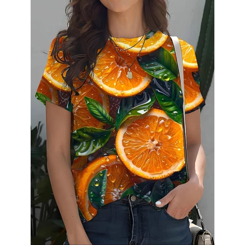 Summer Round Neck 3D Fruit Pineapple Orange Print Top Fashionable Casual Short Sleeved Women's T-shirts